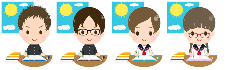 日中に勉強する学生セット　やる気