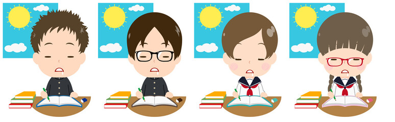 日中に勉強する学生セット　うとうと