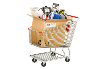 Cardboard box with household and kitchen appliances in the shopping cart. 3D rendering