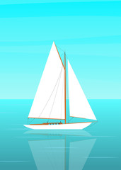 Sailboat in the open sea. The sailboat and the reflection in the water. Vector illustration in flat style