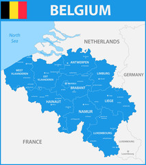 Fototapeta na wymiar The detailed map of the Belgium with regions or states and cities, capitals.