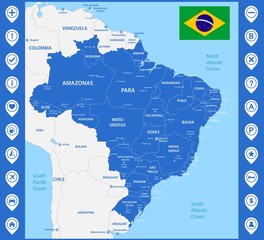 The detailed map of the Brazil with regions or states and cities, capitals. With map pins or pointers. Place location markers or signs