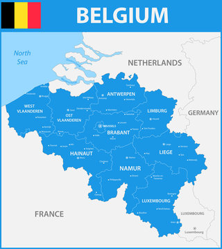 The detailed map of the Belgium with regions or states and cities, capitals.