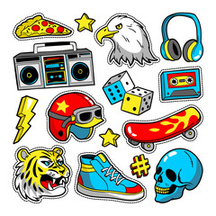 Fashion patches in cartoon 80s-90s comic style.