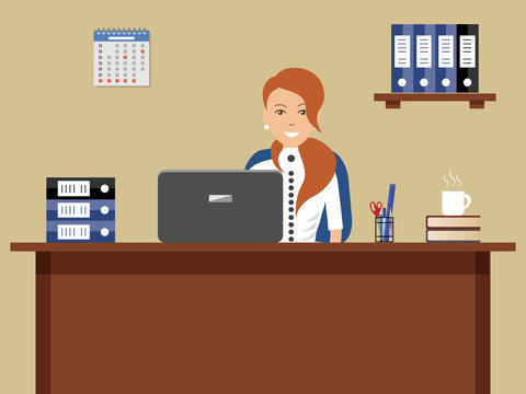 Web banner of an office worker. The young woman sitting at the desk on a beige background. There is a laptop and office objects on the table. Vector illustration.