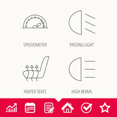 Speedometer, passing fog lights and heated seat icons. High beams linear sign. Edit document, Calendar and Graph chart signs. Star, Check and House web icons. Vector