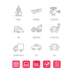 Transportation icons. Car, ship and truck linear signs. Airplane, helicopter and evacuator flat line icons. Report document, Graph chart and Calendar signs. Laptop and Check web icons. Vector