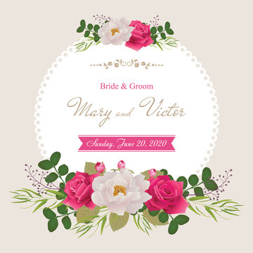 Wedding invitation cards with flower. Beautiful white peony and red roses.(Use for Boarding Pass, invitations, thank you card.) Vector illustration. EPS 10