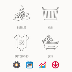 Baby clothes, bath and crib icons. Bath bubbles linear sign. Calendar, Graph chart and Cogwheel signs. Download colored web icon. Vector