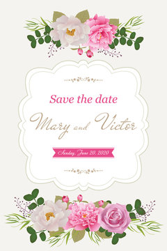 Wedding invitation cards with flower. Beautiful  white and pink peonies and rose. (Use for Boarding Pass, invitations, thank you card.) Vector illustration. EPS 10