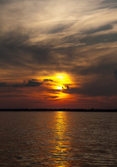 summer landscape scenic fiery sunset over calm river