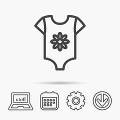 Newborn clothes icon. Baby shirt wear sign. Flower symbol. Notebook, Calendar and Cogwheel signs. Download arrow web icon. Vector