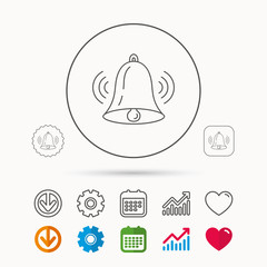 Ringing bell icon. Sound sign. Alarm handbell symbol. Calendar, Graph chart and Cogwheel signs. Download and Heart love linear web icons. Vector