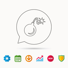 Retro bomb icon. Boom explode sign. Calendar, Graph chart and Cogwheel signs. Download and Shield web icons. Vector