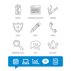 Chat speech bubbles, bell and pencil icons. Phone call, smoking and vacation calendar linear signs. Shield, battery and magnifier flat line icons. Report file, Graph chart and Chat speech bubble signs