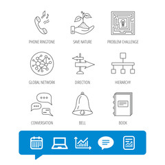 Fototapeta premium Conversation, global network and direction icons. Save nature, maze and book linear signs. Bell and phone ringtone flat line icons. Report file, Graph chart and Chat speech bubble signs. Vector
