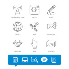 Handshake, contacts and gps satellite icons. Pencil, photo camera and mail linear signs. Telecommunication station flat line icons. Report file, Graph chart and Chat speech bubble signs. Vector