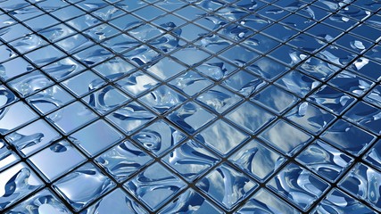 3D rendering mosaic reflecting a blue sky with white clouds distorted by raindrops