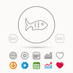 Fish with fin and scales icon. Seafood sign. Vegetarian food symbol. Calendar, Graph chart and Cogwheel signs. Download and Heart love linear web icons. Vector