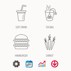 Hamburger, tea bag and soft drink icons. Carrot linear sign. Calendar, Graph chart and Cogwheel signs. Download colored web icon. Vector