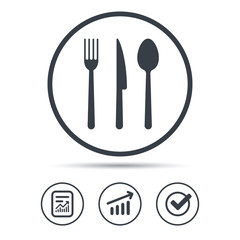 Fork, knife and spoon icons. Cutlery symbol. Report document, Graph chart and Check signs. Circle web buttons. Vector