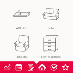Sofa, wall shelf and armchair icons. Chest of drawers linear sign. Edit document, Calendar and Graph chart signs. Star, Check and House web icons. Vector