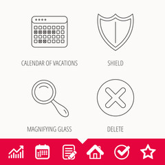 Calendar, magnifying glass and delete icons. Shield linear sign. Edit document, Calendar and Graph chart signs. Star, Check and House web icons. Vector