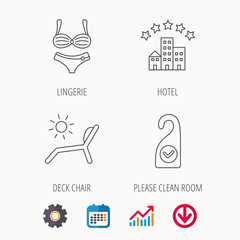 Fototapeta na wymiar Hotel, lingerie and beach deck chair icons. Clean room linear sign. Calendar, Graph chart and Cogwheel signs. Download colored web icon. Vector