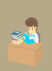 Businessman read a pile of book,business young cartoon happiness of success concept is man character.view emotions moving include icon of man-woman person.applied to infographic.Vector Illustration
