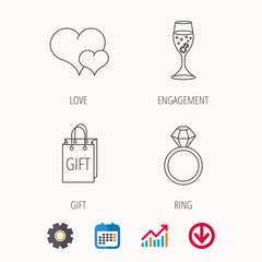 Love heart, gift bag and wedding ring icons. Engagement linear sign. Calendar, Graph chart and Cogwheel signs. Download colored web icon. Vector