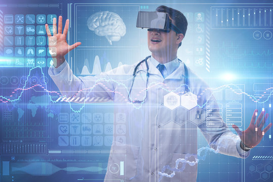 Doctor examining x-ray images using virtual reality glasses