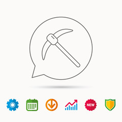 Mining tool icon. Pickaxe equipment sign. Minerals industry symbol. Calendar, Graph chart and Cogwheel signs. Download and Shield web icons. Vector