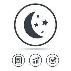 Moon and stars icon. Night sleep symbol. Report document, Graph chart and Check signs. Circle web buttons. Vector