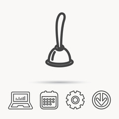 Plunger icon. Toilet cleaning tool sign. Notebook, Calendar and Cogwheel signs. Download arrow web icon. Vector
