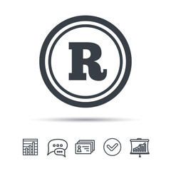 Registered trademark icon. Intellectual work protection symbol. Chat speech bubble, chart and presentation signs. Contacts and tick web icons. Vector