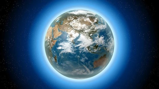 3D Earth with all continents (Europe, Asia, North America, South America, Australia, Greenland), stars/ space/ cosmos in background.