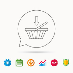 Shopping cart icon. Online buying sign. Calendar, Graph chart and Cogwheel signs. Download and Shield web icons. Vector