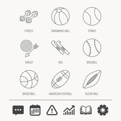 Fototapeta premium Sport fitness, tennis and basketball icons. Baseball, skis and American footbal signs. Rugby, swimming or pilates ball icons. Education book, Graph chart and Chat signs. Vector
