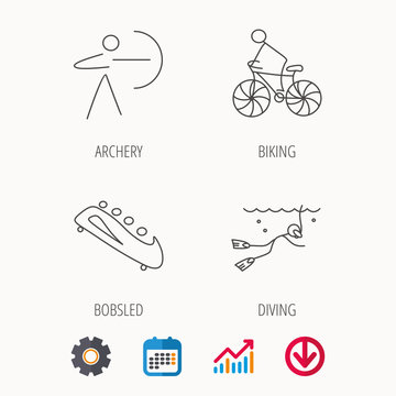 Diving, biking and archery icons. Bobsled linear sign. Calendar, Graph chart and Cogwheel signs. Download colored web icon. Vector