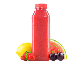 Fresh Squeezed Watermelon and Berry Lemonade Juice in Bottle on White Background