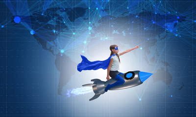 Little girl flying rocket in superhero concept © Elnur