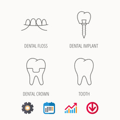 Dental implant, floss and tooth icons. Dental crown linear sign. Calendar, Graph chart and Cogwheel signs. Download colored web icon. Vector