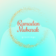 Ramadan Kareem illustration with golden moon symbol on a light turquoise background.