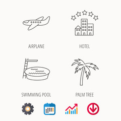 Swimming pool, airplane and palm tree icons. Hotel linear sign. Calendar, Graph chart and Cogwheel signs. Download colored web icon. Vector