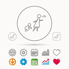 Unattended baby icon. Babysitting care sign. Do not leave your child alone symbol. Calendar, Graph chart and Cogwheel signs. Download and Heart love linear web icons. Vector