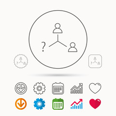Fototapeta premium Vacancy or hire job icon. Teamwork sign. Question mark symbol. Calendar, Graph chart and Cogwheel signs. Download and Heart love linear web icons. Vector