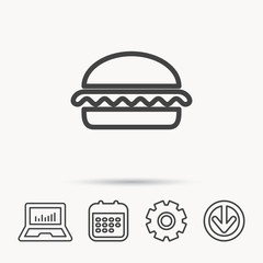 Vegetarian burger icon. Healthy fast food sign. Burger symbol. Notebook, Calendar and Cogwheel signs. Download arrow web icon. Vector