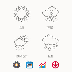 Weather, sun and wind icons. Rainy day linear sign. Calendar, Graph chart and Cogwheel signs. Download colored web icon. Vector