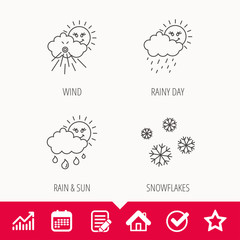 Snowflakes, sun and rain icons. Wind linear sign. Edit document, Calendar and Graph chart signs. Star, Check and House web icons. Vector