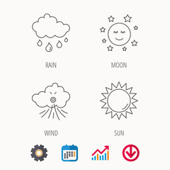Weather, sun and rain icons. Moon night and wind linear signs. Calendar, Graph chart and Cogwheel signs. Download colored web icon. Vector